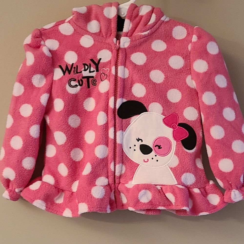 Pink polka dot hooded zip up fleece